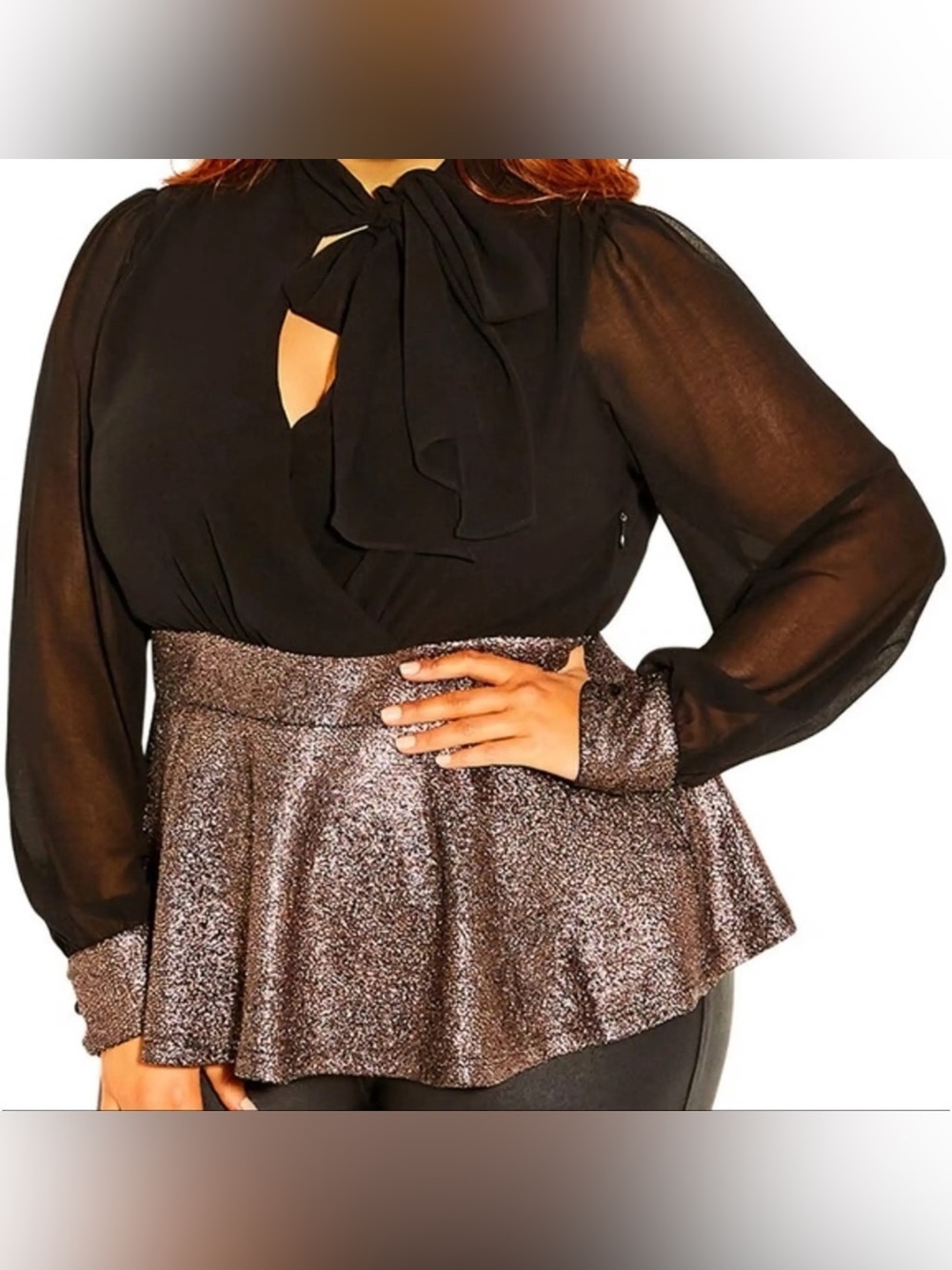 City Chic Black Metallic Peplum Bow Neck Peplum Top Size 16